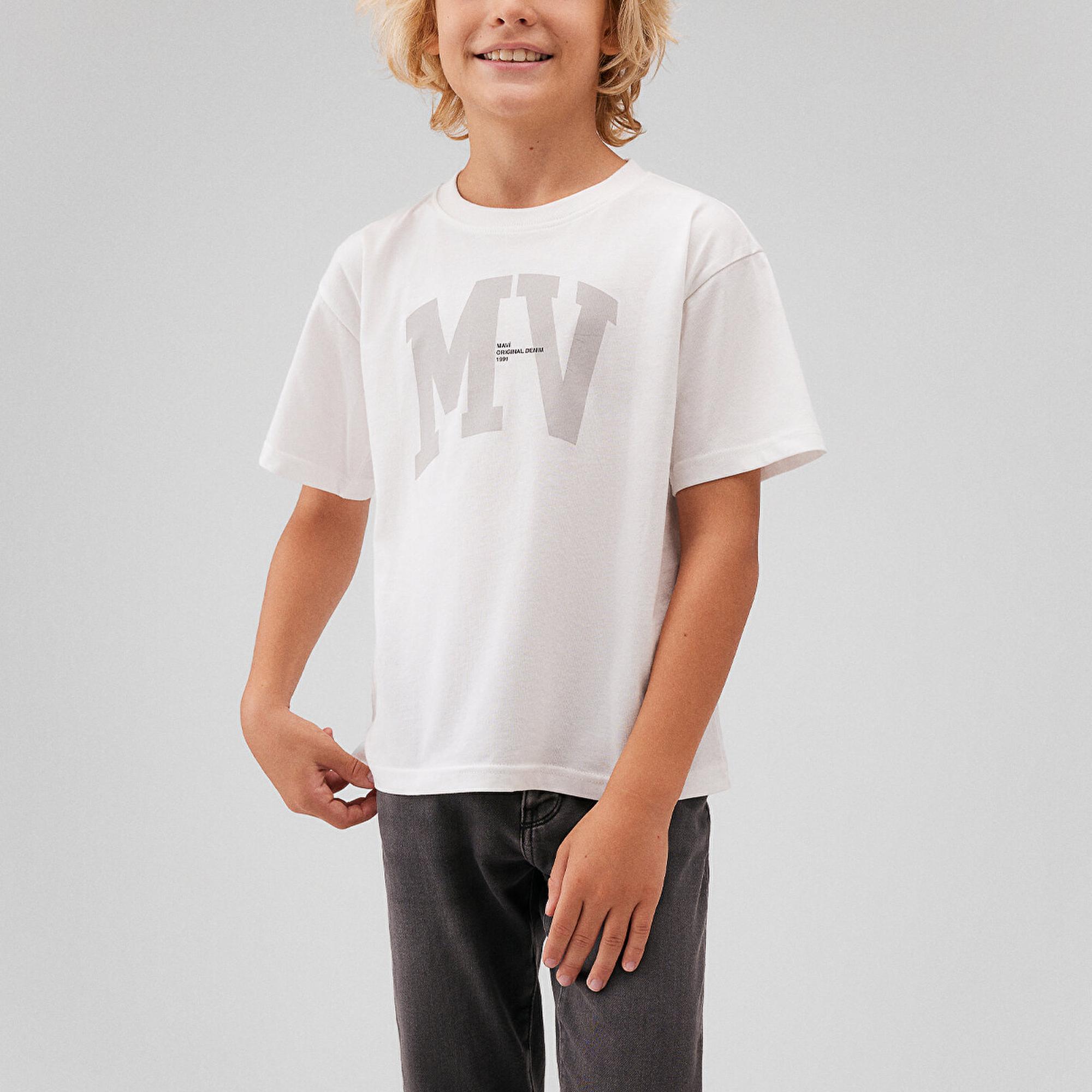 Çocuk Mavi MV Logo Baskılı Beyaz Tişört Loose Fit / Bol Rahat Kesim 6610213-70057