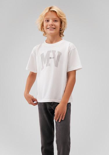  Çocuk Mavi MV Logo Baskılı Beyaz Tişört Loose Fit / Bol Rahat Kesim 6610213-70057