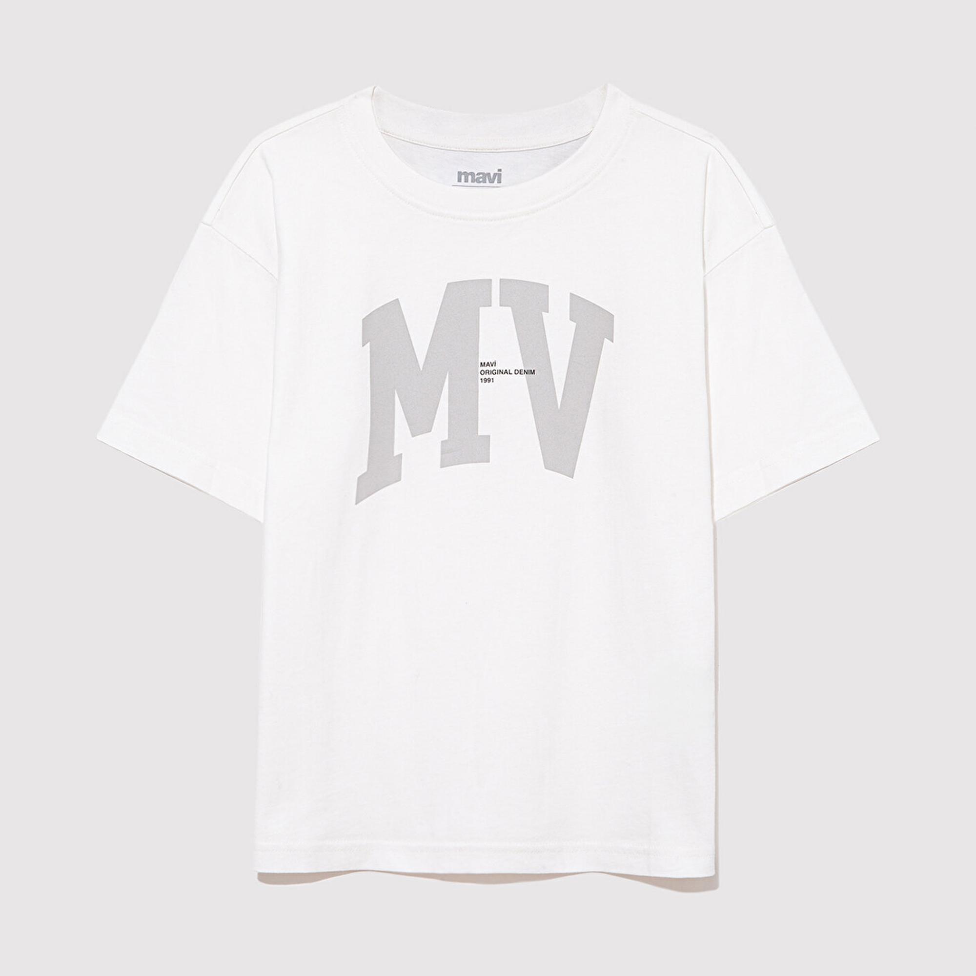 Çocuk Mavi MV Logo Baskılı Beyaz Tişört Loose Fit / Bol Rahat Kesim 6610213-70057