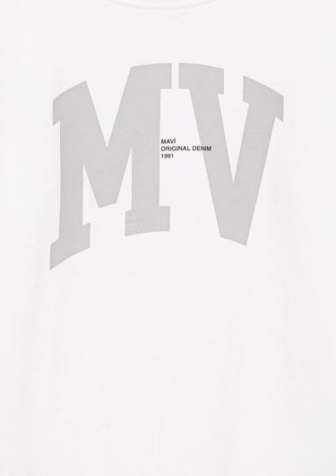  Çocuk Mavi MV Logo Baskılı Beyaz Tişört Loose Fit / Bol Rahat Kesim 6610213-70057