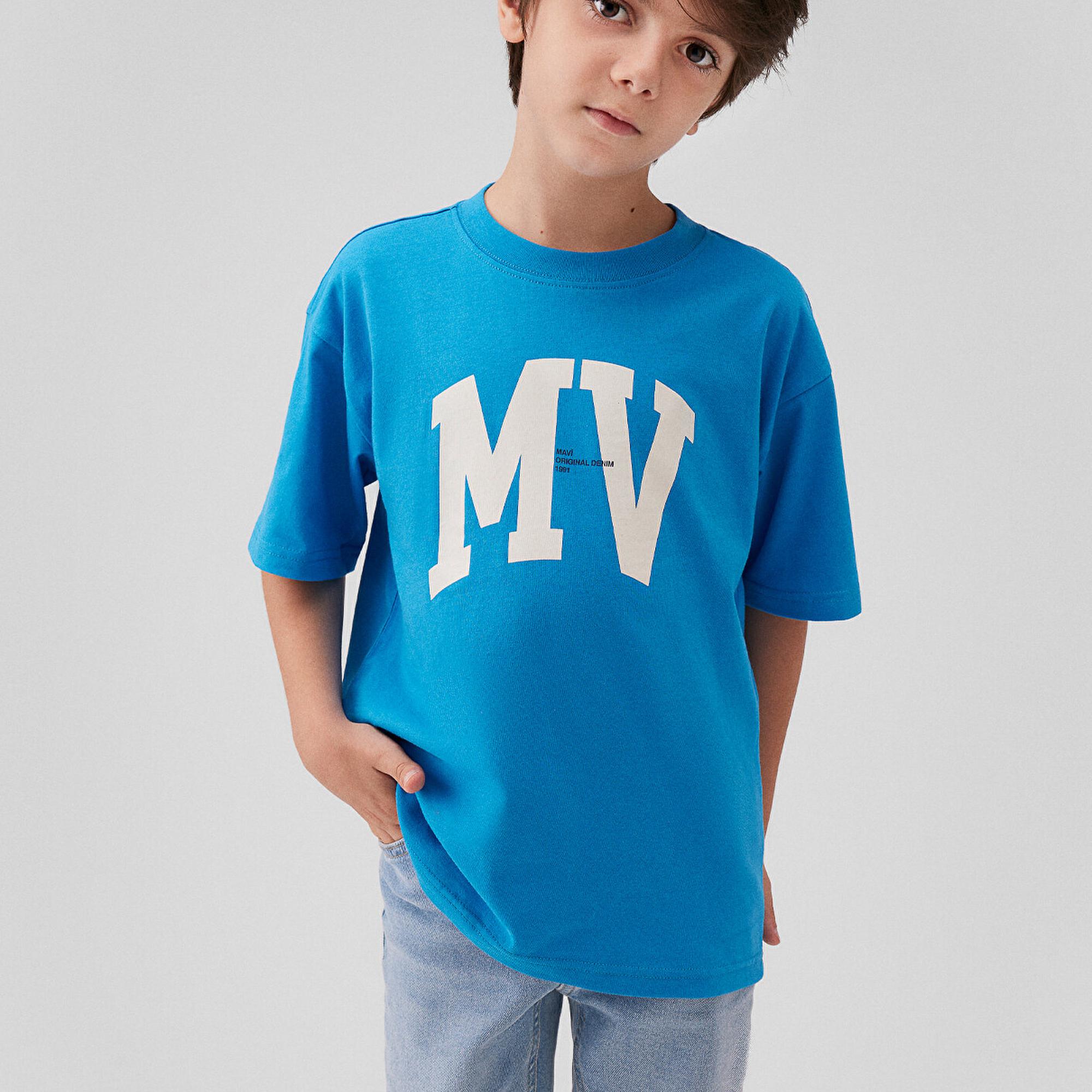 Mavi MV Logo Baskılı Mavi Tişört Loose Fit / Bol Rahat Kesim 6610213-83865