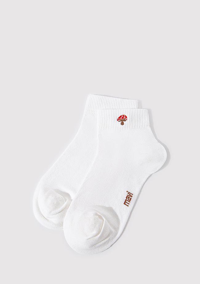  Mavi Mantar Nakış İşlemeli Beyaz Soket Çorap 1912755-620