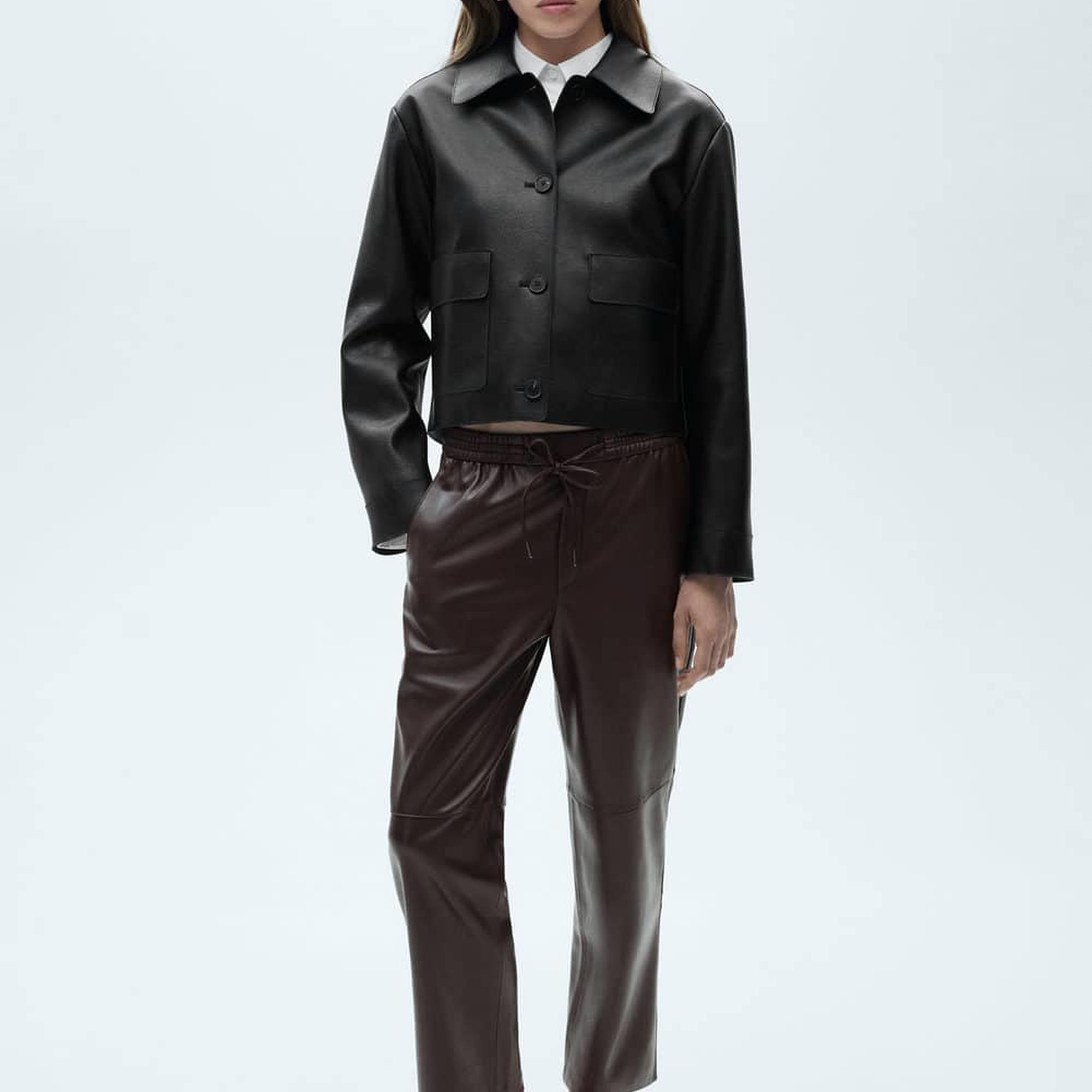 Mango Kadın Deri Görünümlü Beli Elastik Pantolon Çikolata