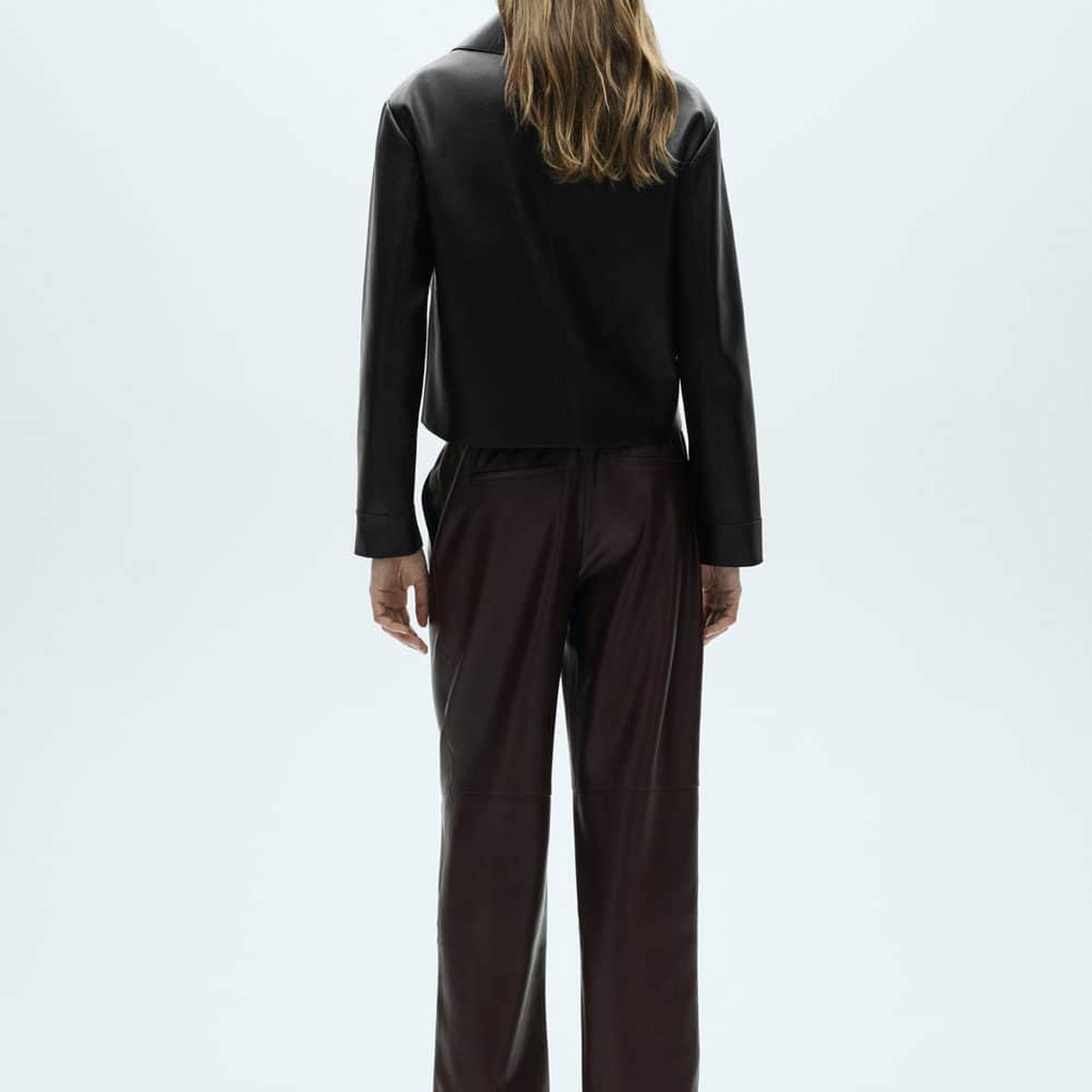 Mango Kadın Deri Görünümlü Beli Elastik Pantolon Çikolata