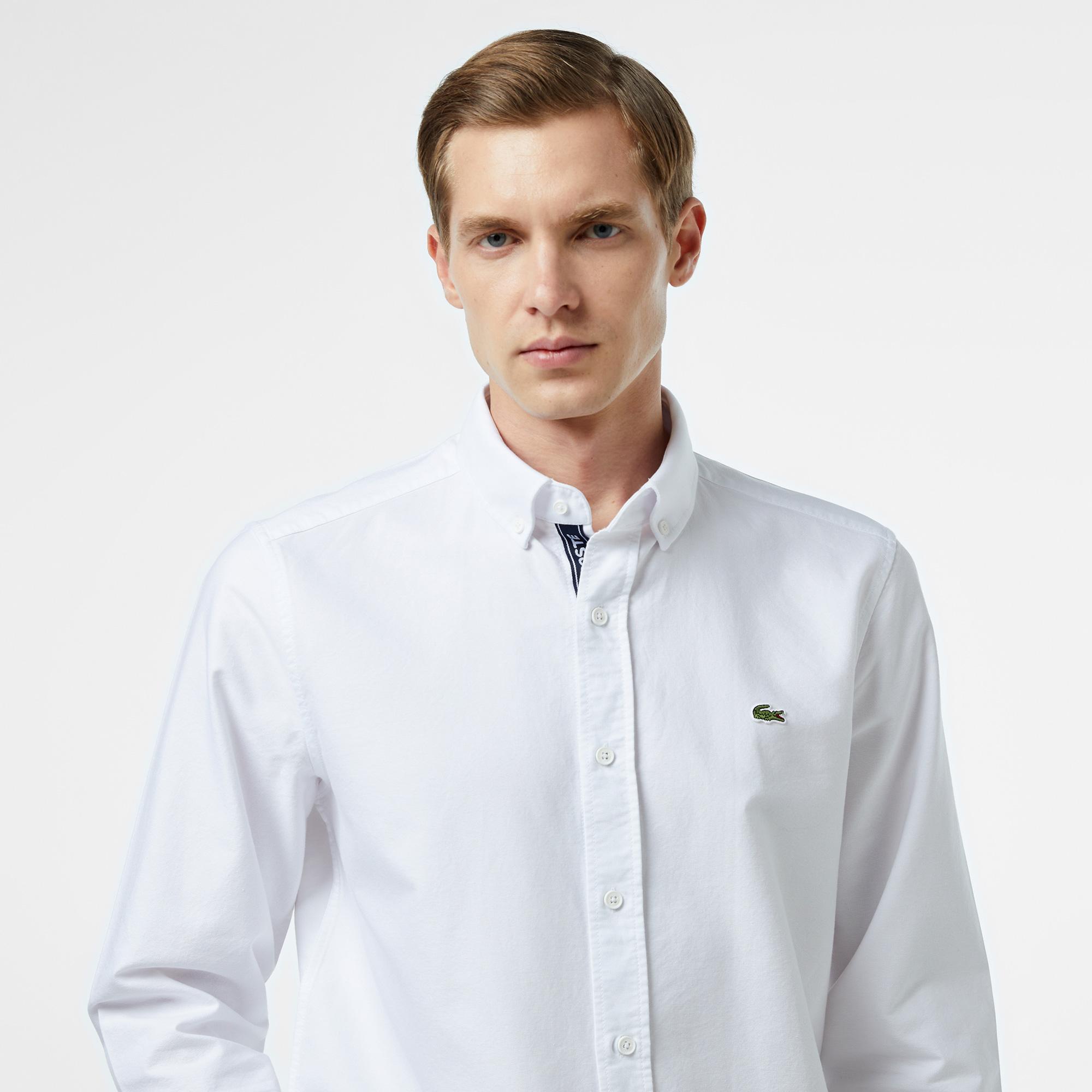 Erkek Slim Fit Düğmeli Yaka Beyaz Gömlek