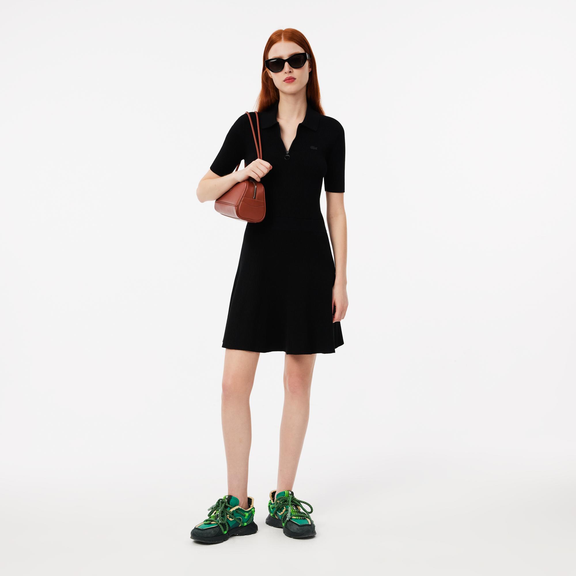 Kadın Slim Fit Kısa Kollu Polo Yaka Siyah Elbise