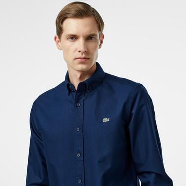  Erkek Slim Fit Düğmeli Yaka Lacivert Gömlek