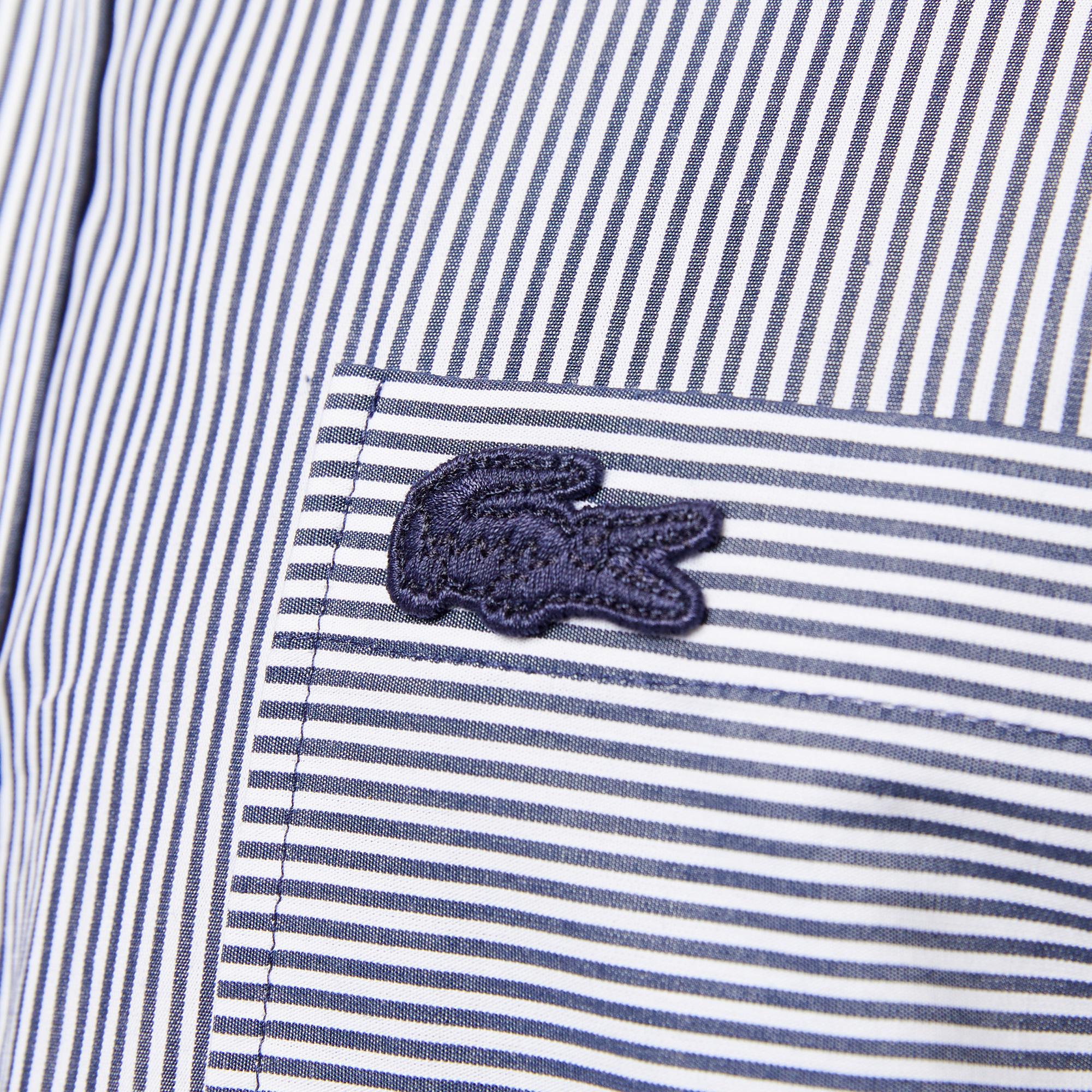 Erkek Relaxed Fit Düğmeli Yaka Çizgili Mavi Gömlek