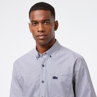  Erkek Relaxed Fit Düğmeli Yaka Çizgili Mavi Gömlek