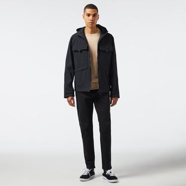  Erkek Relaxed Fit Kapüşonlu Baskılı Siyah Yağmurluk