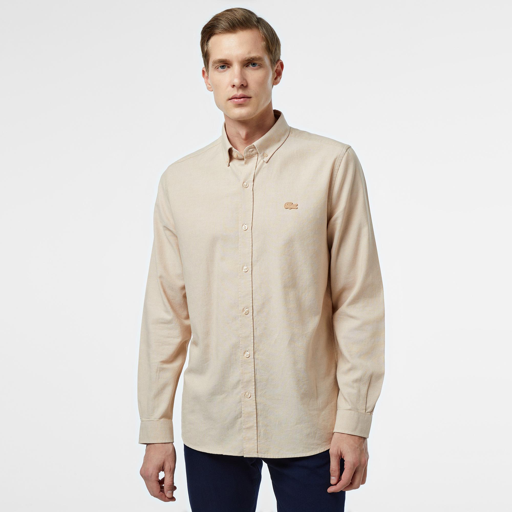 Erkek Slim Fit Düğmeli Yaka Bej Gömlek