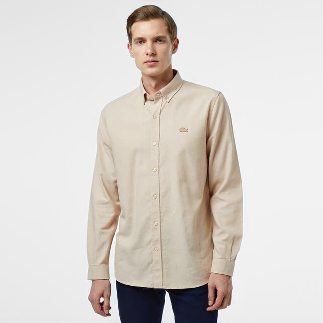  Erkek Slim Fit Düğmeli Yaka Bej Gömlek