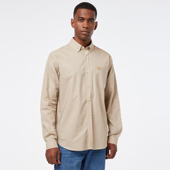  Erkek Relaxed Fit Düğmeli Yaka Çizgili Bej Gömlek