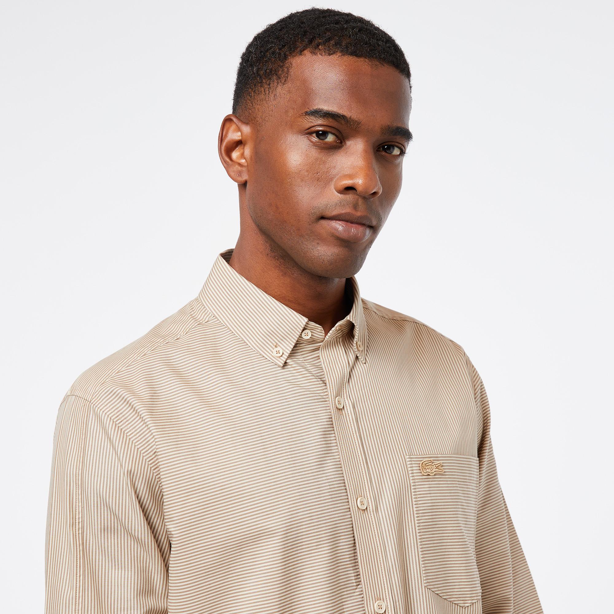 Erkek Relaxed Fit Düğmeli Yaka Çizgili Bej Gömlek