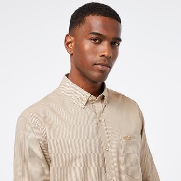  Erkek Relaxed Fit Düğmeli Yaka Çizgili Bej Gömlek