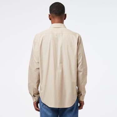  Erkek Relaxed Fit Düğmeli Yaka Çizgili Bej Gömlek