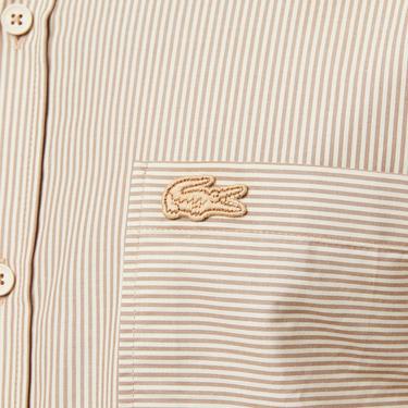  Erkek Relaxed Fit Düğmeli Yaka Çizgili Bej Gömlek