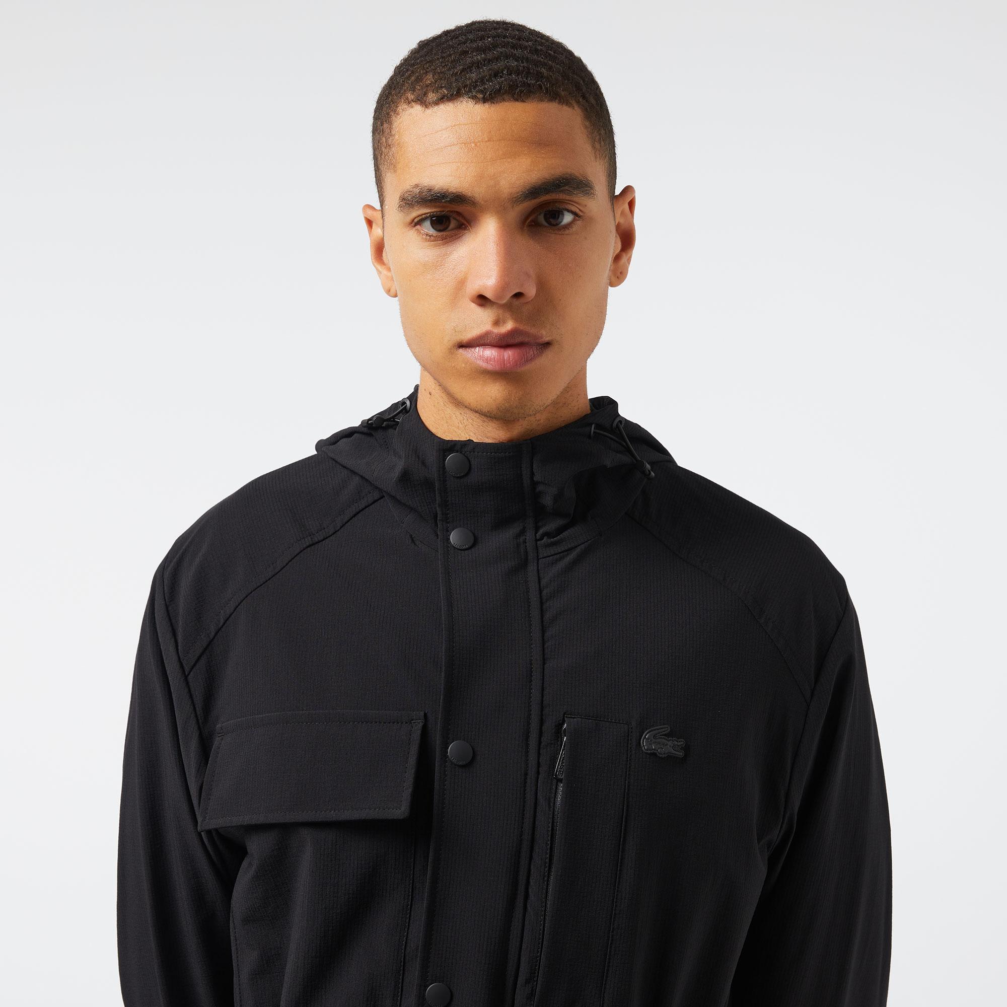 Erkek Relaxed Fit Kapüşonlu Baskılı Koyu Siyah Yağmurluk