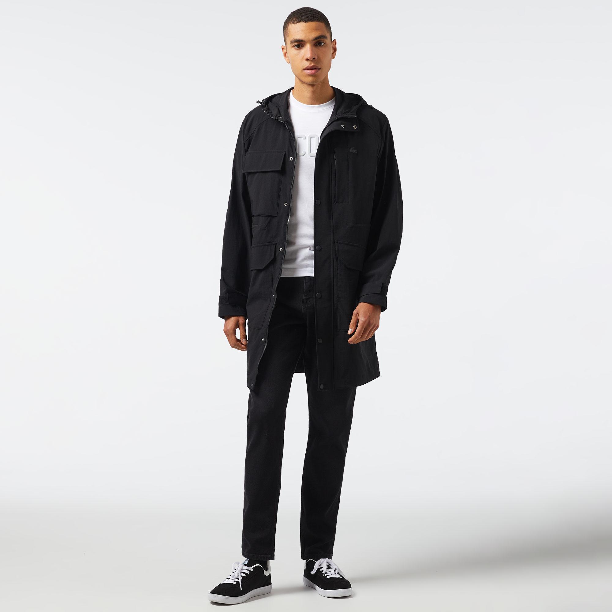 Erkek Relaxed Fit Kapüşonlu Baskılı Koyu Siyah Yağmurluk