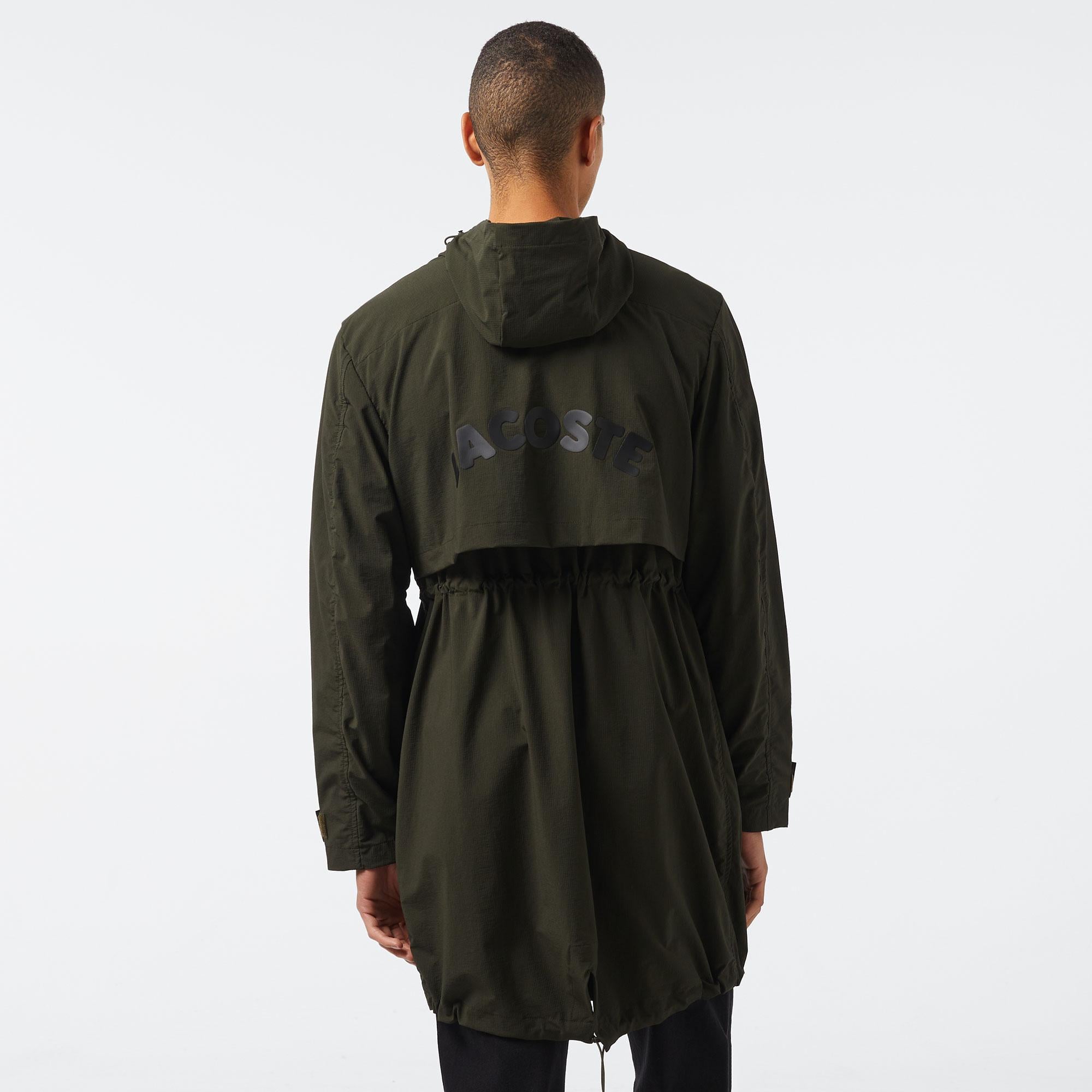 Erkek Relaxed Fit Kapüşonlu Baskılı Koyu Yeşil Yağmurluk