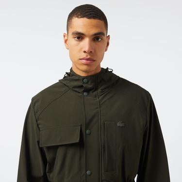  Erkek Relaxed Fit Kapüşonlu Baskılı Koyu Yeşil Yağmurluk