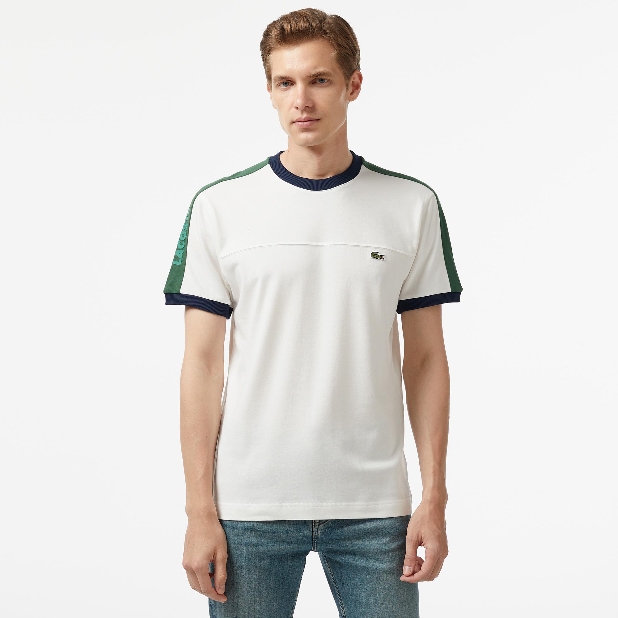 Erkek Regular Fit Bisiklet Yaka Çizgili Beyaz T-Shirt