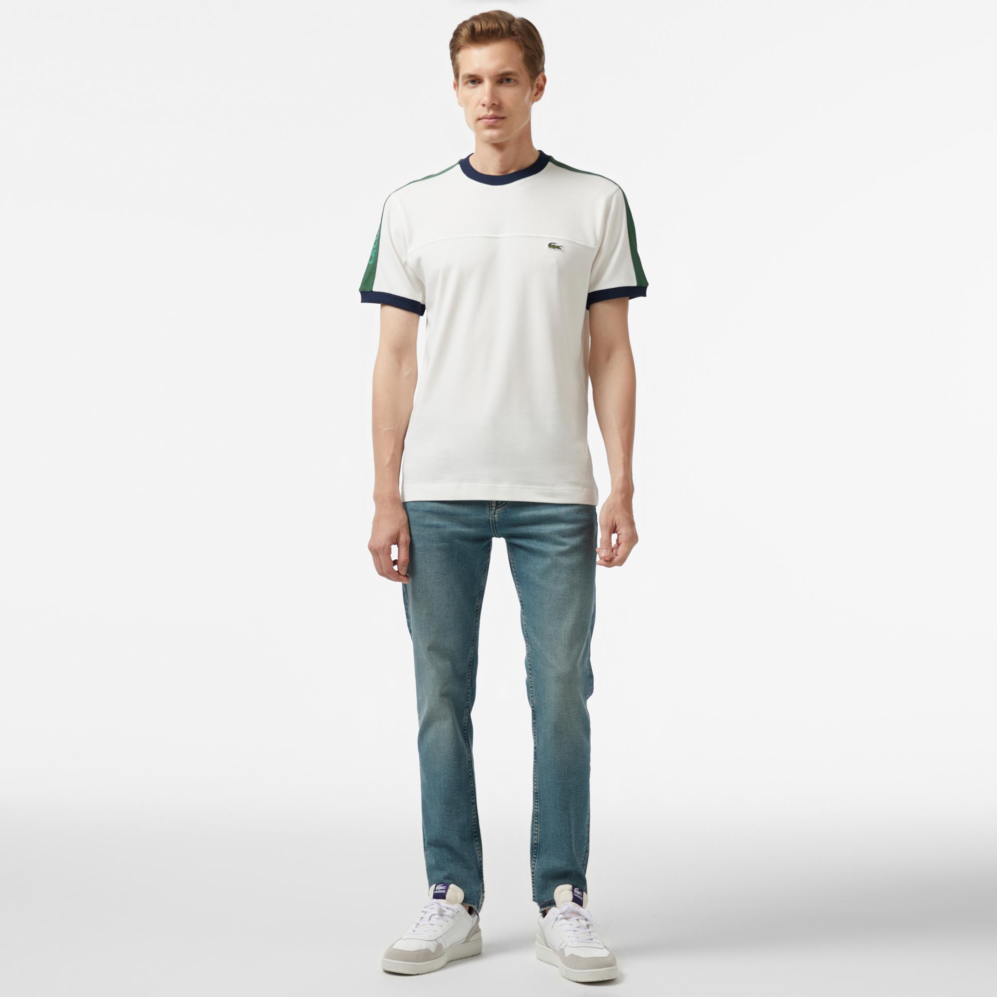 Erkek Regular Fit Bisiklet Yaka Çizgili Beyaz T-Shirt