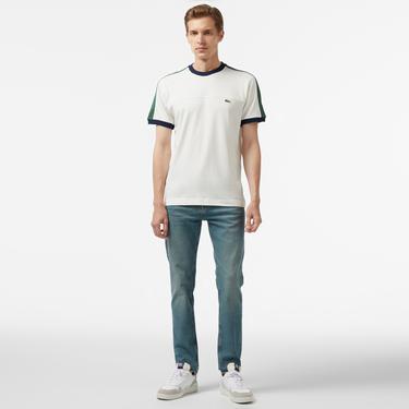  Erkek Regular Fit Bisiklet Yaka Çizgili Beyaz T-Shirt