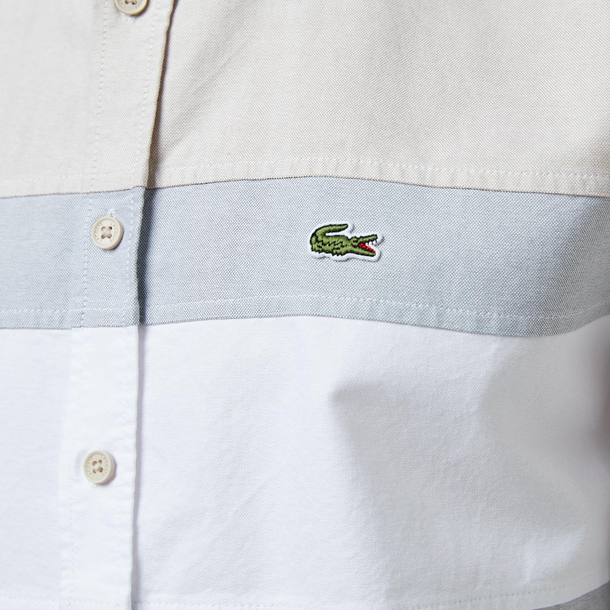 Erkek Regular Fit Düğmeli Yaka Çizgili Gri Gömlek