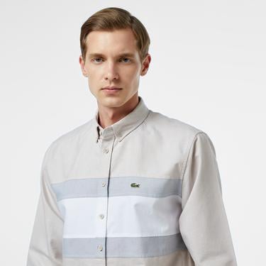  Erkek Regular Fit Düğmeli Yaka Çizgili Gri Gömlek