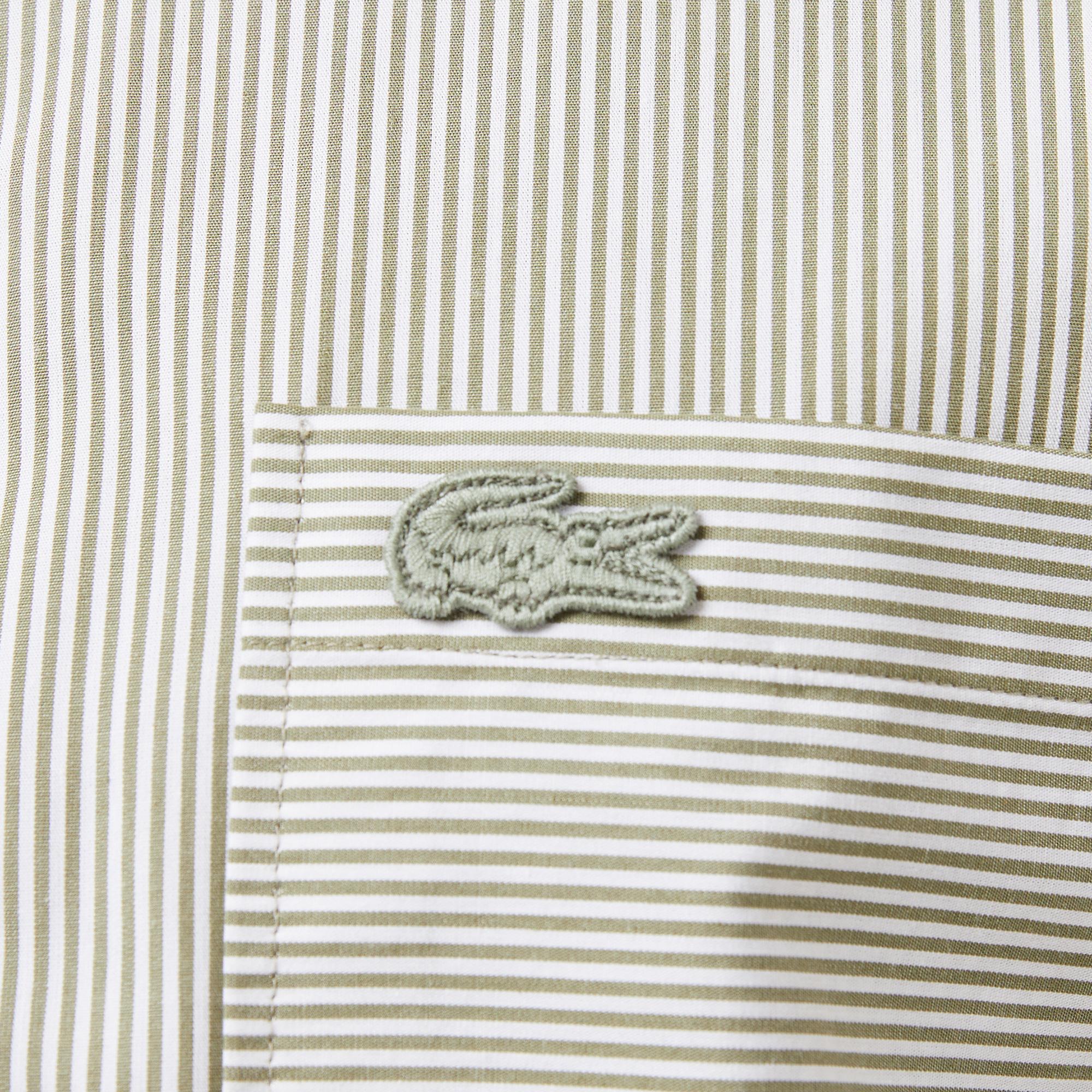 Erkek Relaxed Fit Düğmeli Yaka Çizgili Haki Gömlek