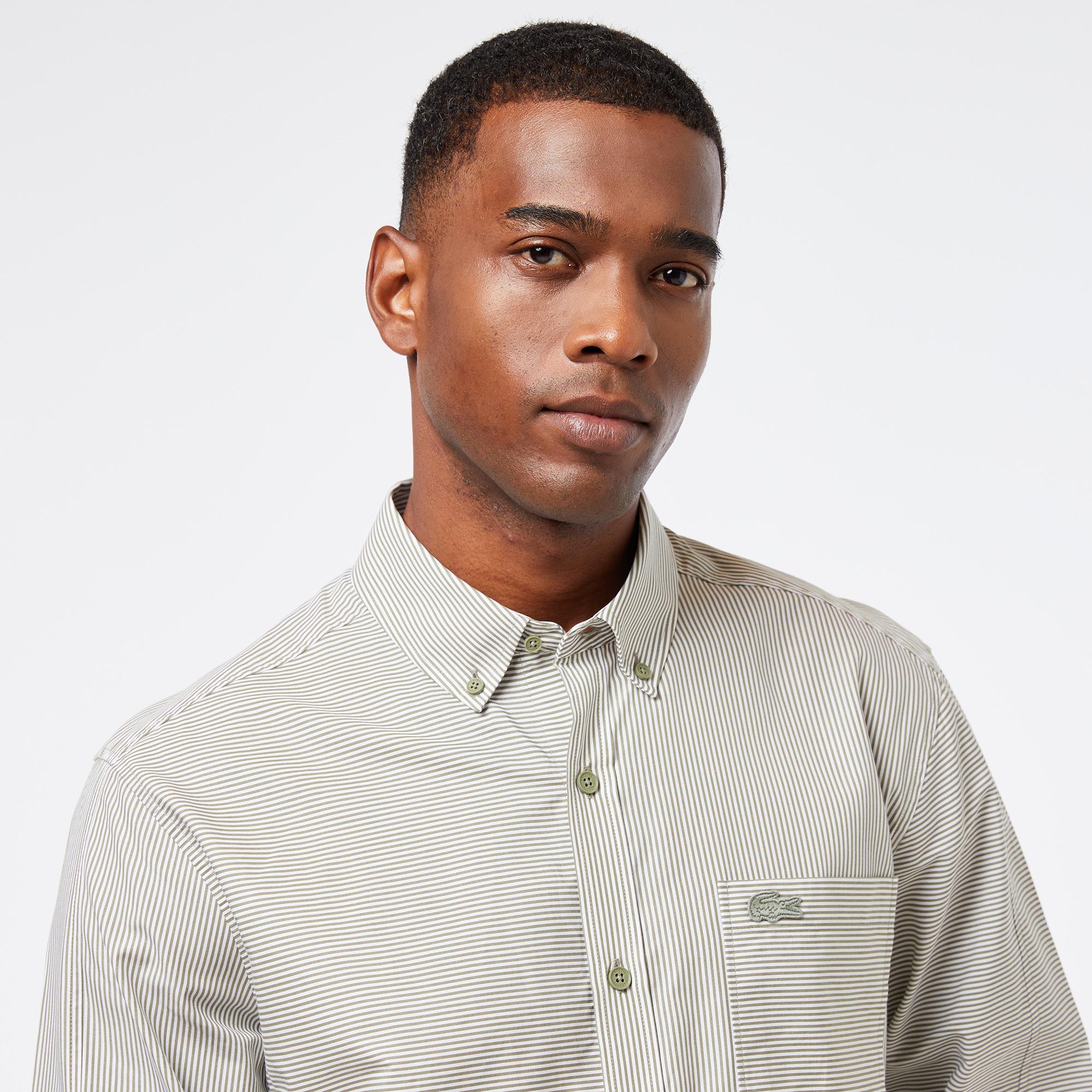 Erkek Relaxed Fit Düğmeli Yaka Çizgili Haki Gömlek