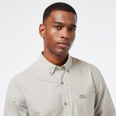  Erkek Relaxed Fit Düğmeli Yaka Çizgili Haki Gömlek