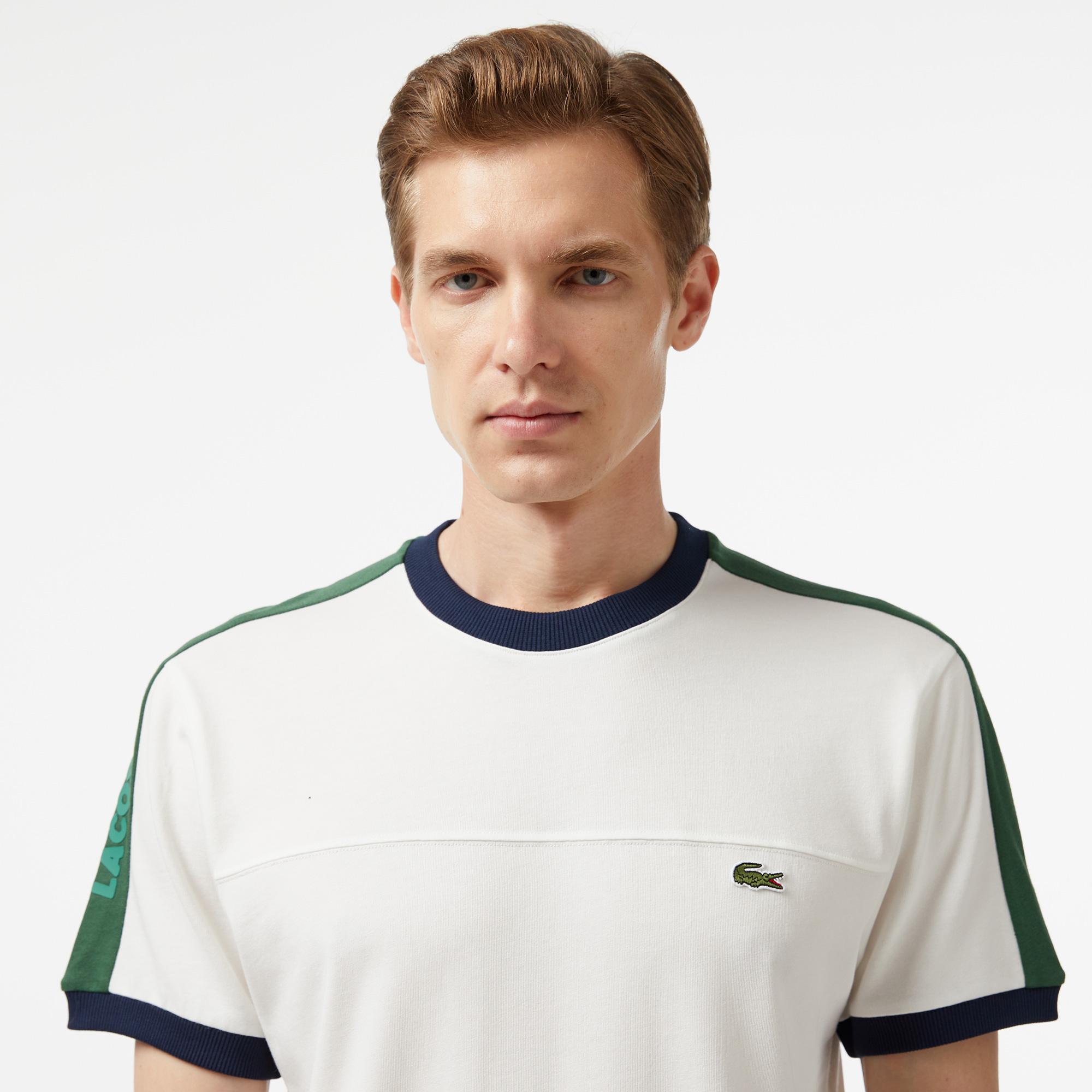 Erkek Regular Fit Bisiklet Yaka Çizgili Beyaz T-Shirt