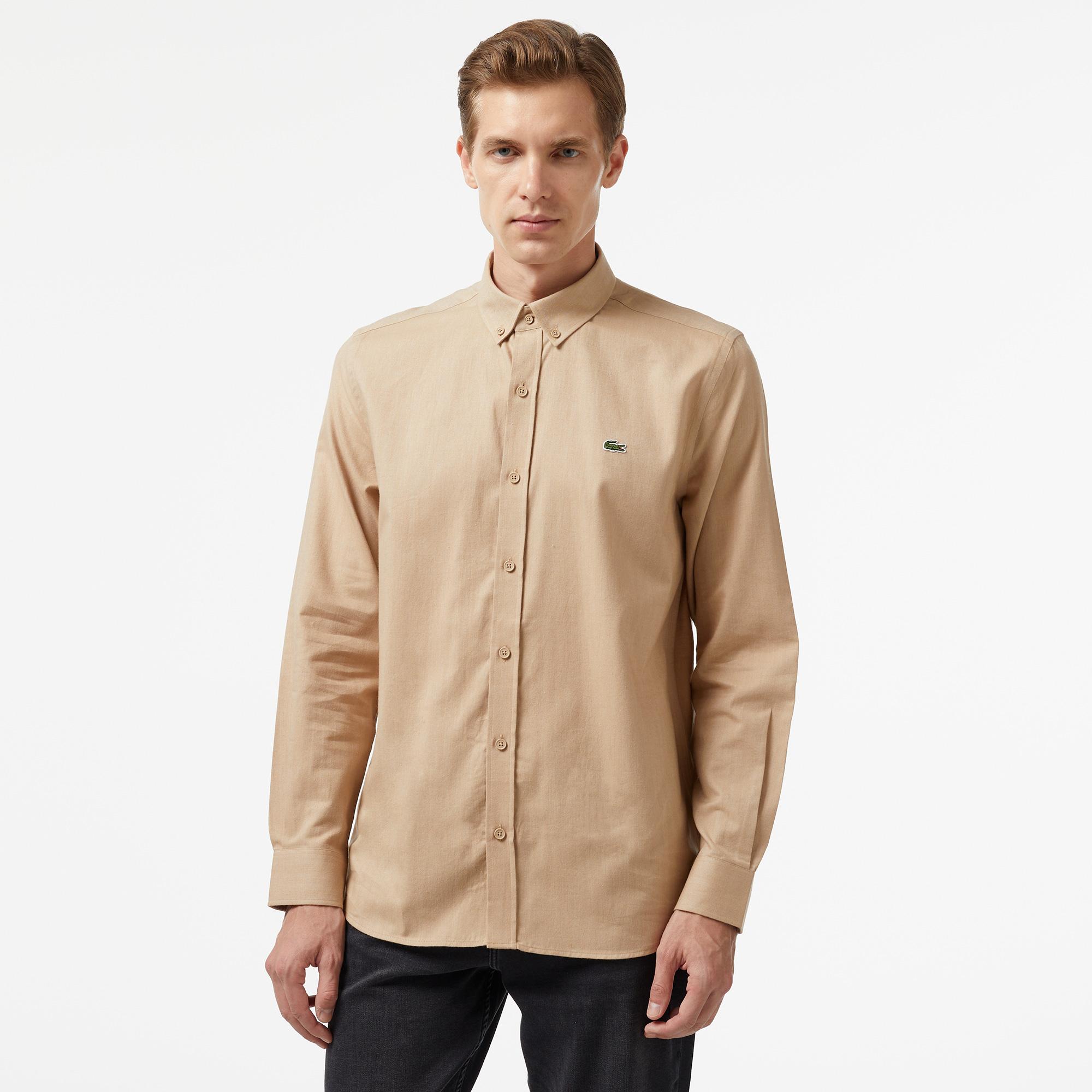 Erkek Slim Fit Düğmeli Yaka Kahverengi Gömlek