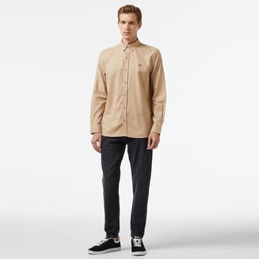  Erkek Slim Fit Düğmeli Yaka Kahverengi Gömlek