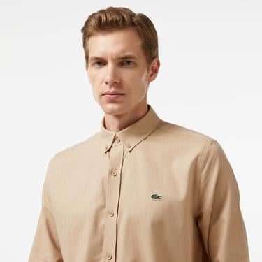  Erkek Slim Fit Düğmeli Yaka Kahverengi Gömlek