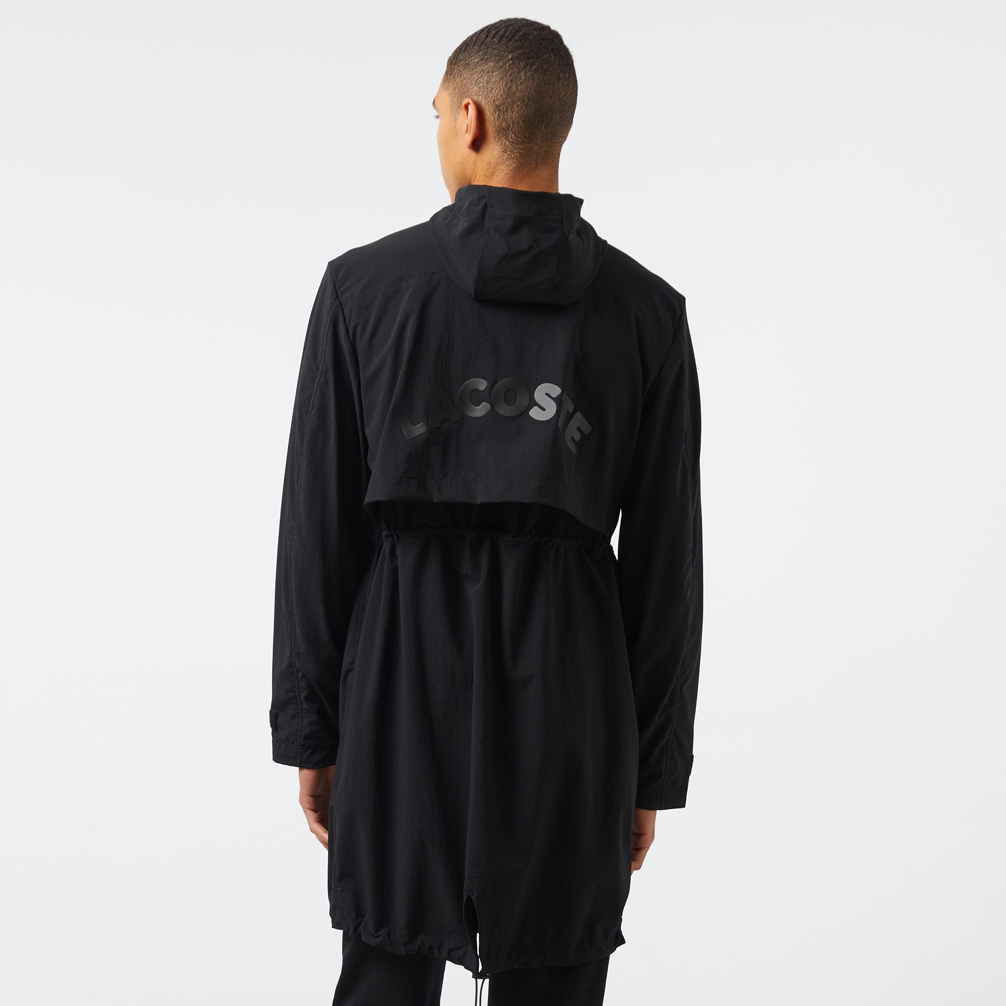 Erkek Relaxed Fit Kapüşonlu Baskılı Koyu Siyah Yağmurluk