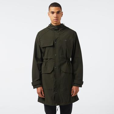  Erkek Relaxed Fit Kapüşonlu Baskılı Koyu Yeşil Yağmurluk