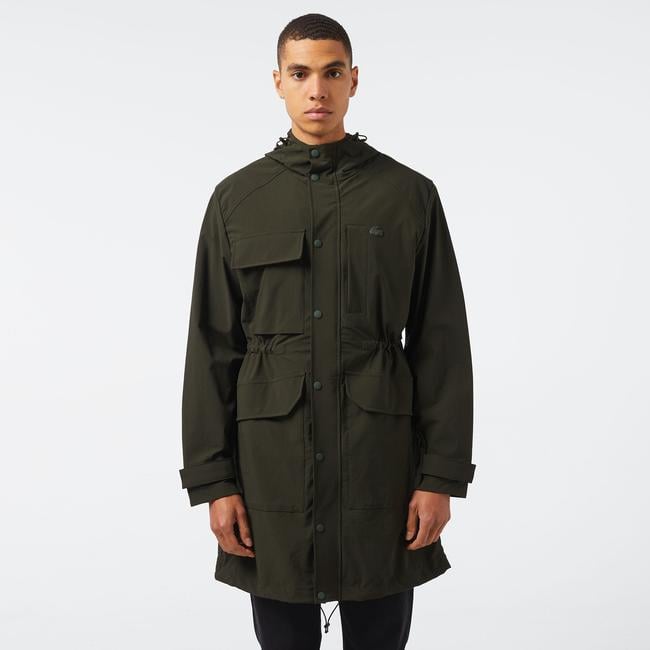  Erkek Relaxed Fit Kapüşonlu Baskılı Koyu Yeşil Yağmurluk