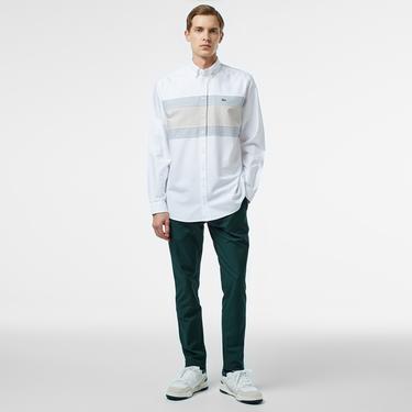  Erkek Regular Fit Düğmeli Yaka Çizgili Beyaz Gömlek