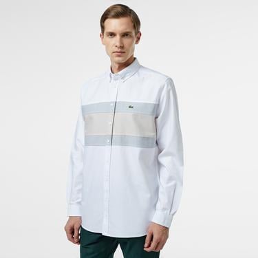  Erkek Regular Fit Düğmeli Yaka Çizgili Beyaz Gömlek