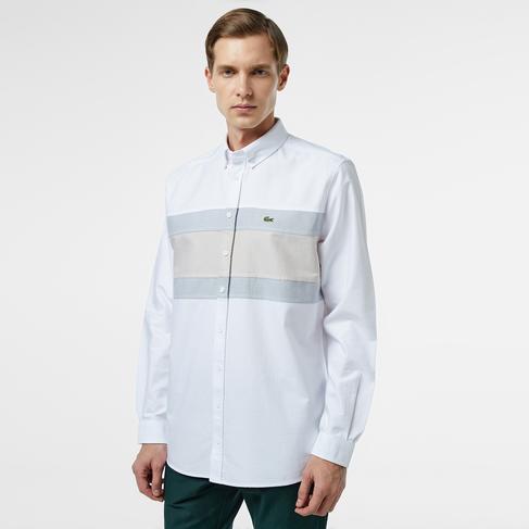  Erkek Regular Fit Düğmeli Yaka Çizgili Beyaz Gömlek