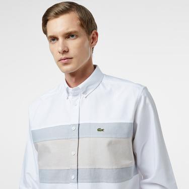  Erkek Regular Fit Düğmeli Yaka Çizgili Beyaz Gömlek