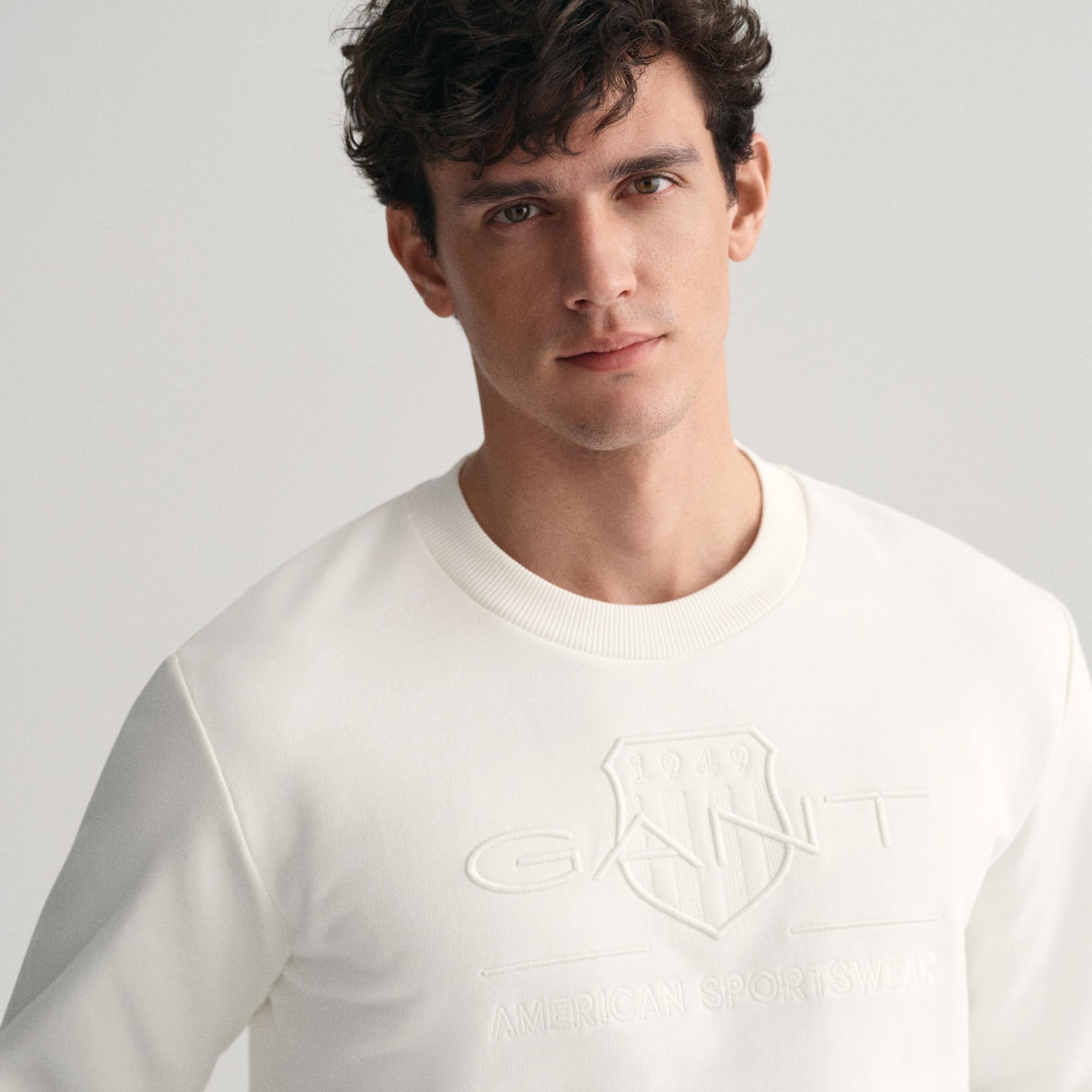 GANT Erkek Beyaz Regular Fit Bisiklet Yaka Logolu Sweatshirt