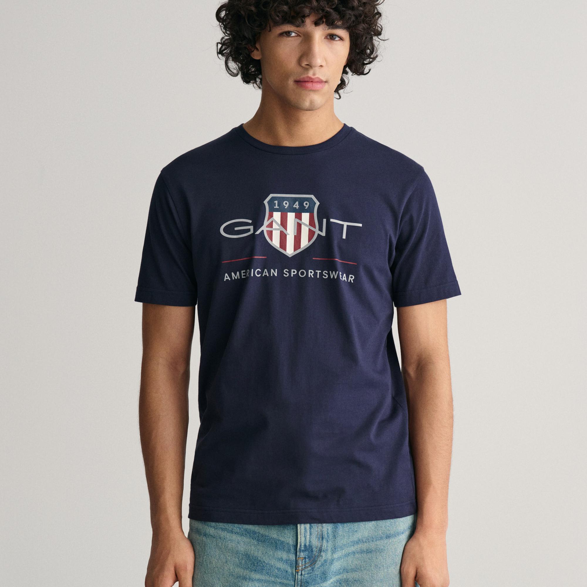 GANT Erkek Lacivert Regular Fit Bisiklet Yaka Logolu T-Shirt