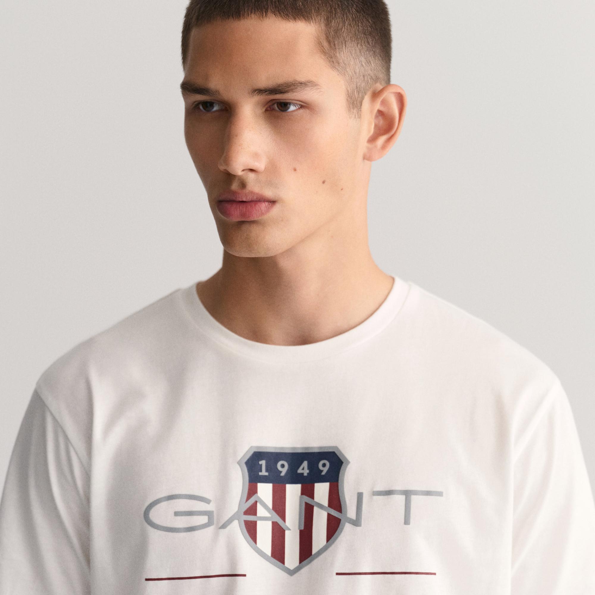 GANT Erkek Beyaz Regular Fit Bisiklet Yaka Logolu T-Shirt