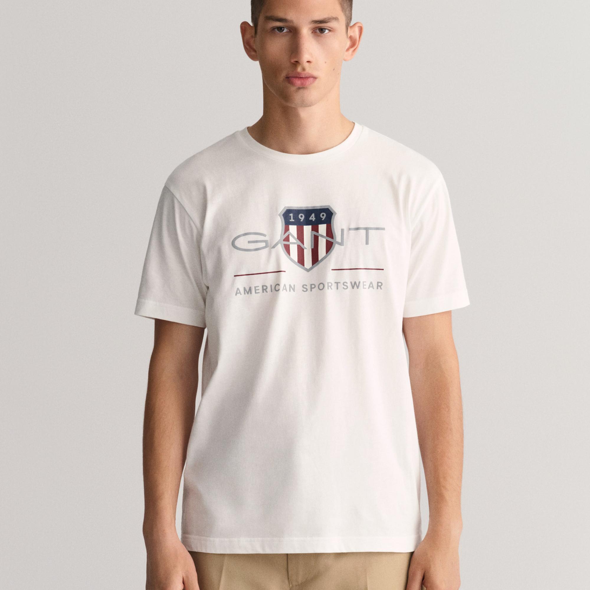 GANT Erkek Beyaz Regular Fit Bisiklet Yaka Logolu T-Shirt