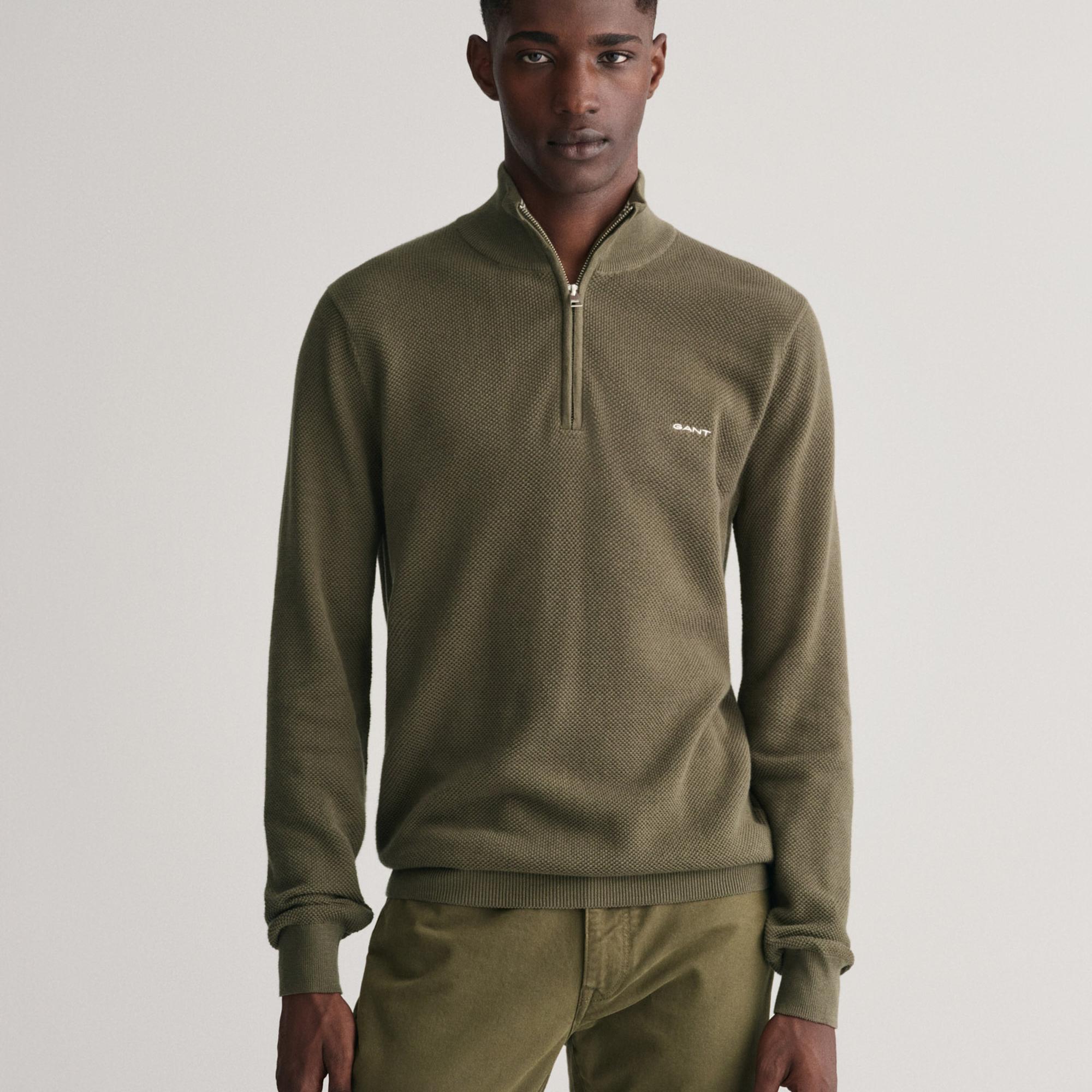 GANT Erkek Yeşil Regular Fit Yarım Fermuarlı Kazak