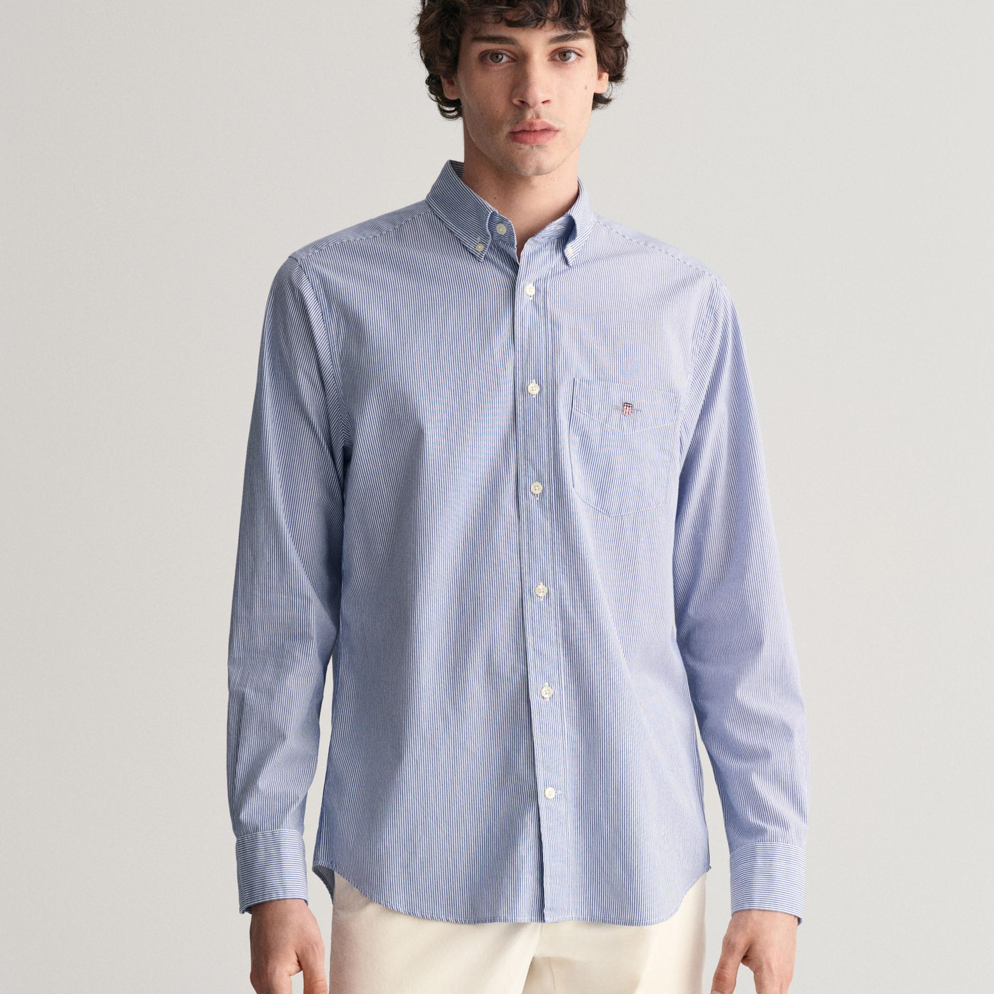GANT Erkek Mavi Regular Fit Çizgili Düğmeli Yaka Gömlek